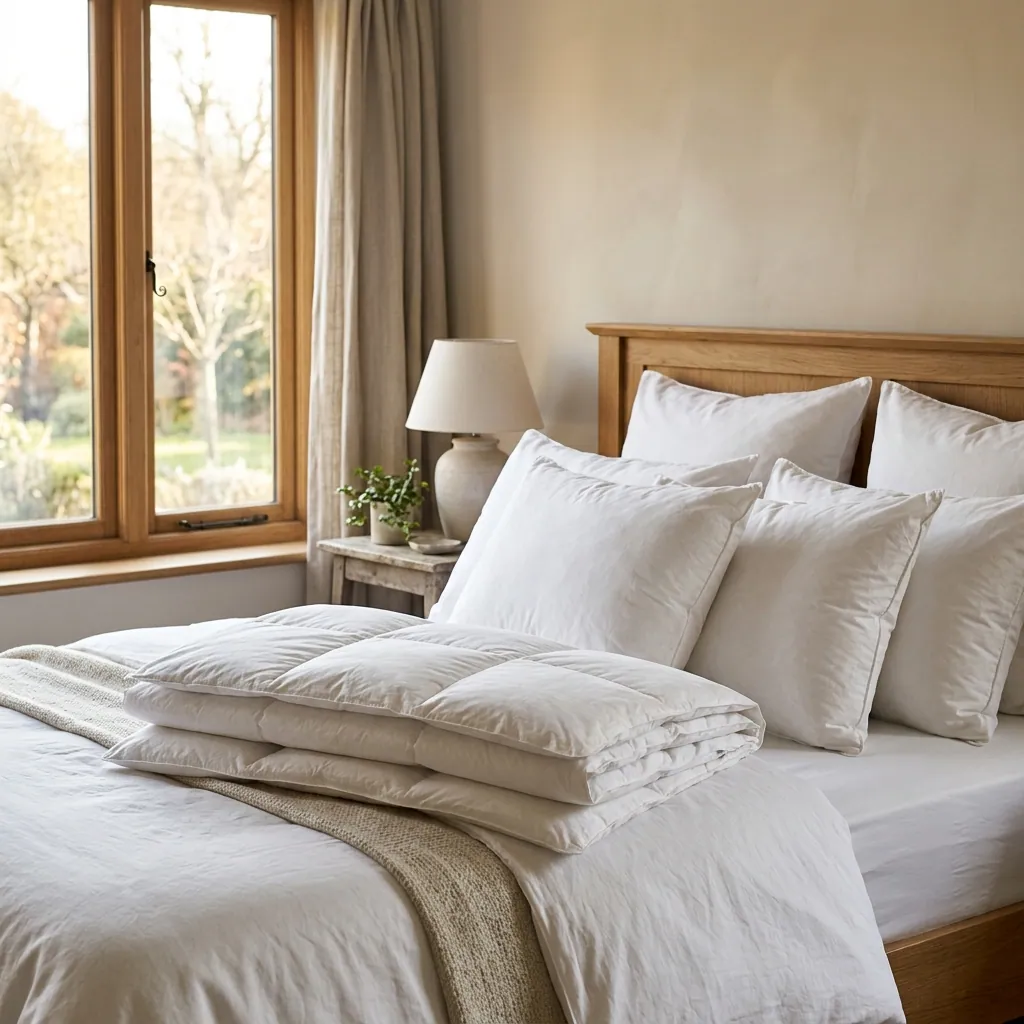 Lit d'hôtel avec couette et oreillers blancs
