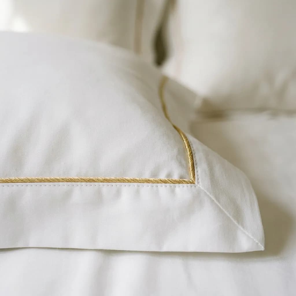 Détail d’un linge blanc bordé d’un passepoil doré